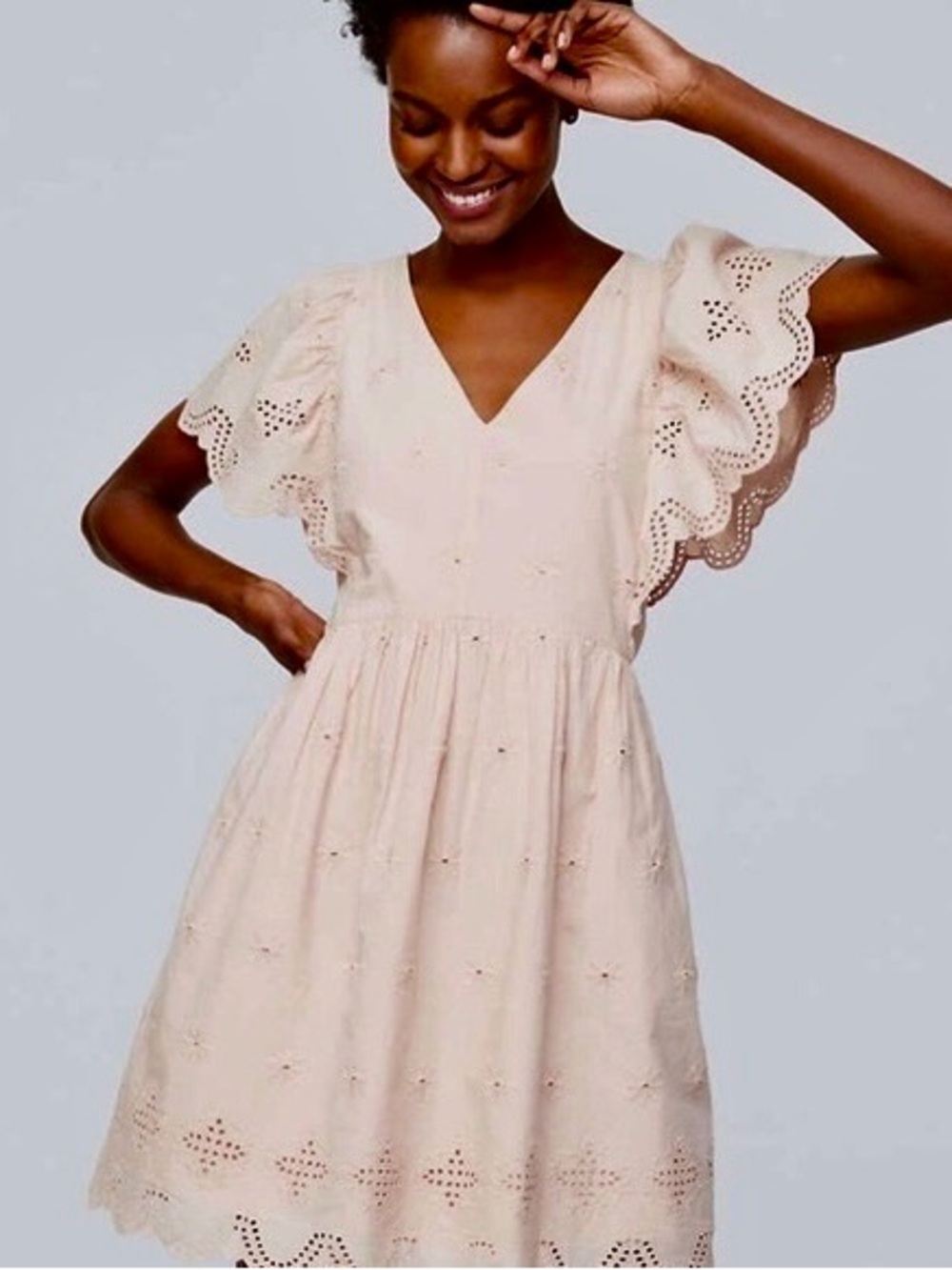 Ann Taylor LOFT Blush Pink Eyelet Flutter Sleeve Mini Dress 100% Cotton PXS